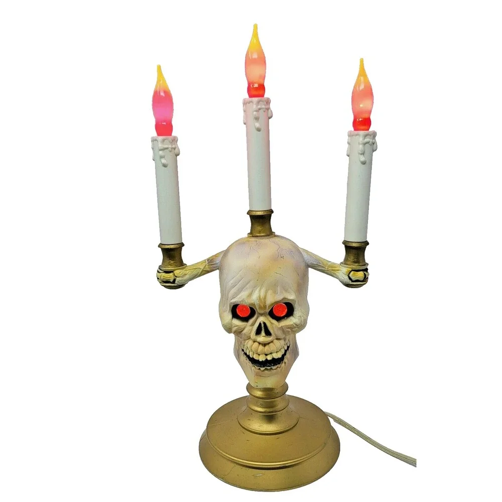 Vintage 1994 Trendmasters Halloween Skull Candelabra Flickering Lights 15.5
